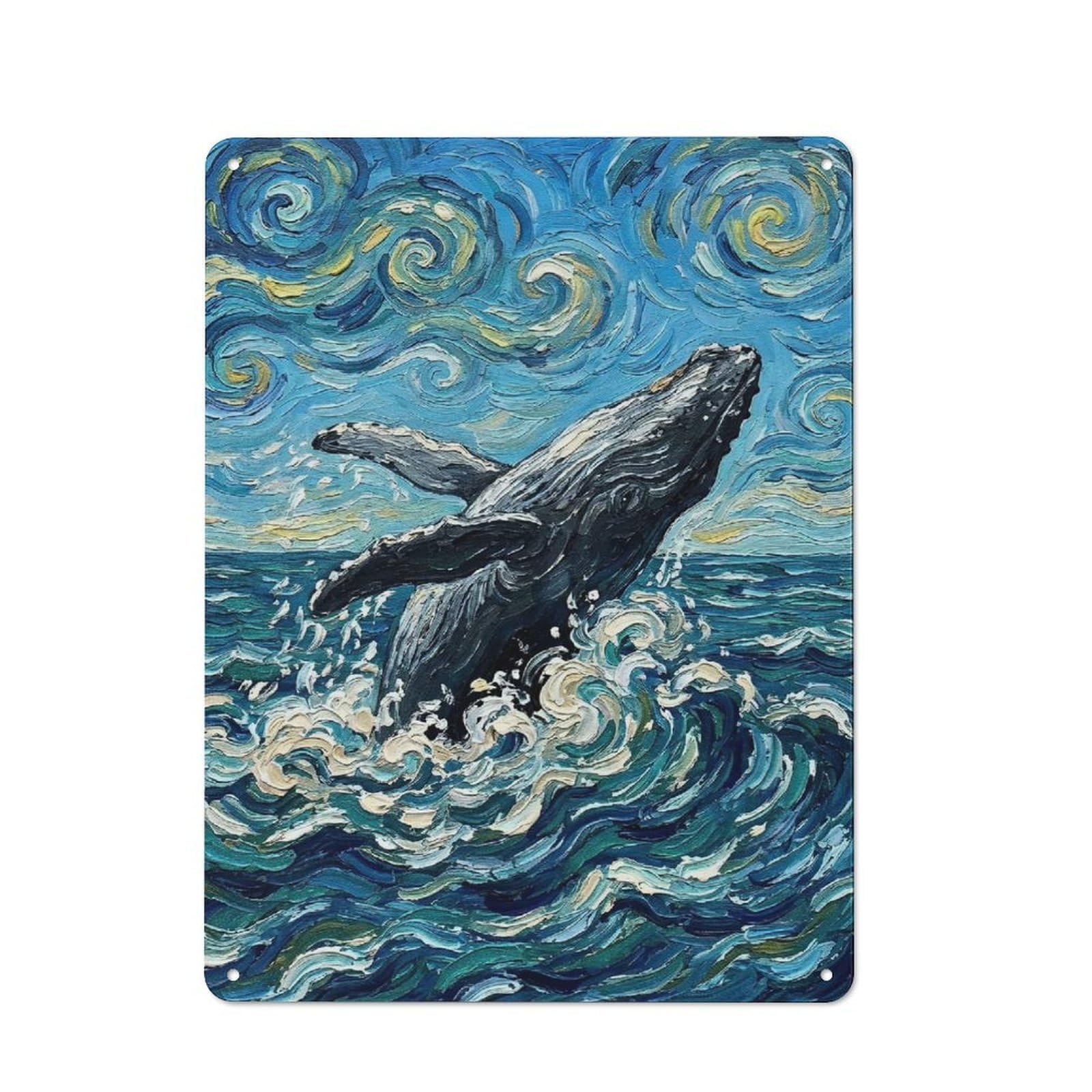 Junmoney Style-14 Whale Breaching In Van Gogh Vintage Metal Plaque 40X30cm For Living Room Wall, Suited To Living Room Decor Lovers