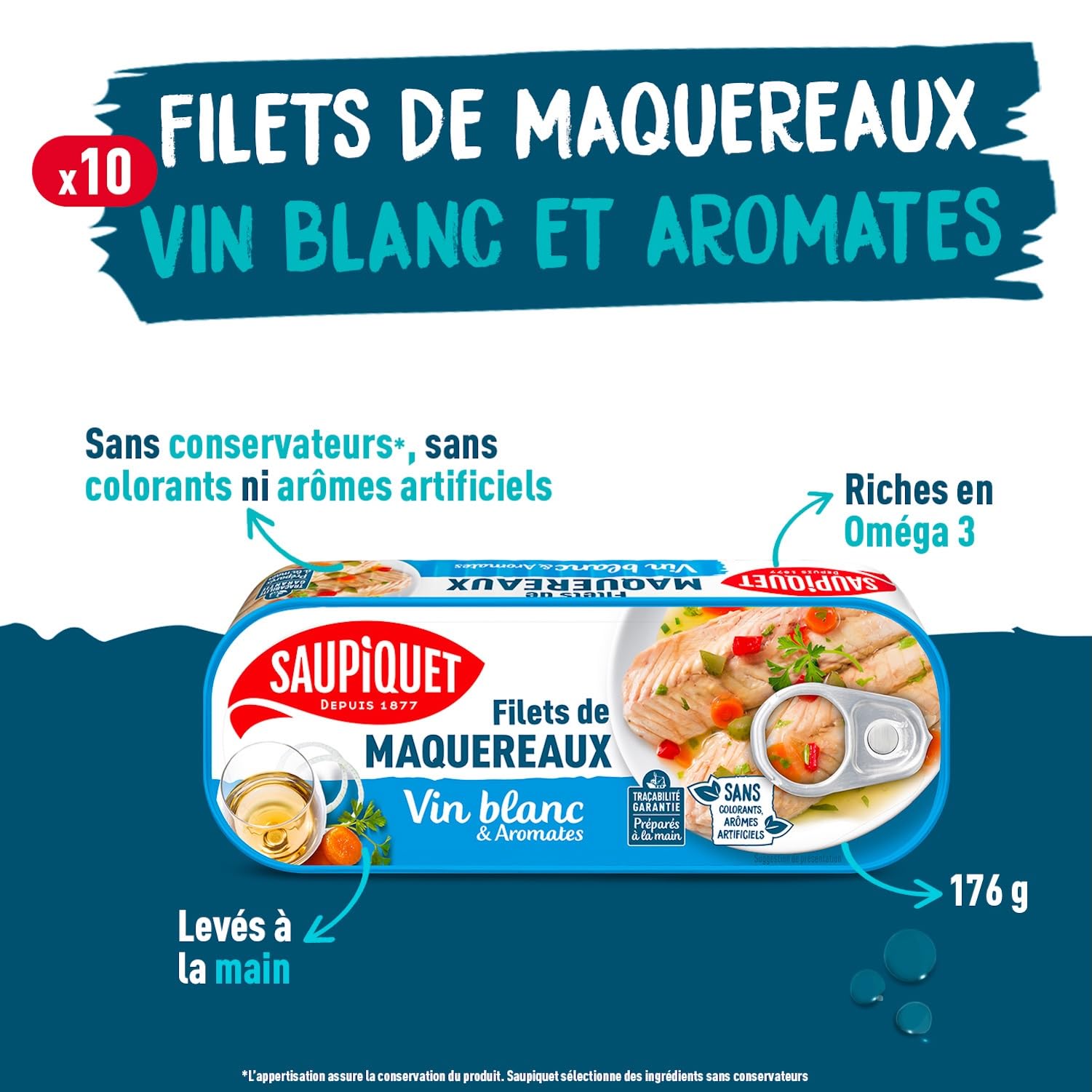 SAUPIQUET - Filets de Maquereaux au Vin Blanc & Aromates - Riches en Oméga 3 - Issus d'une Pêche Traçabilité Garantie - 10 Conserves (176 g)