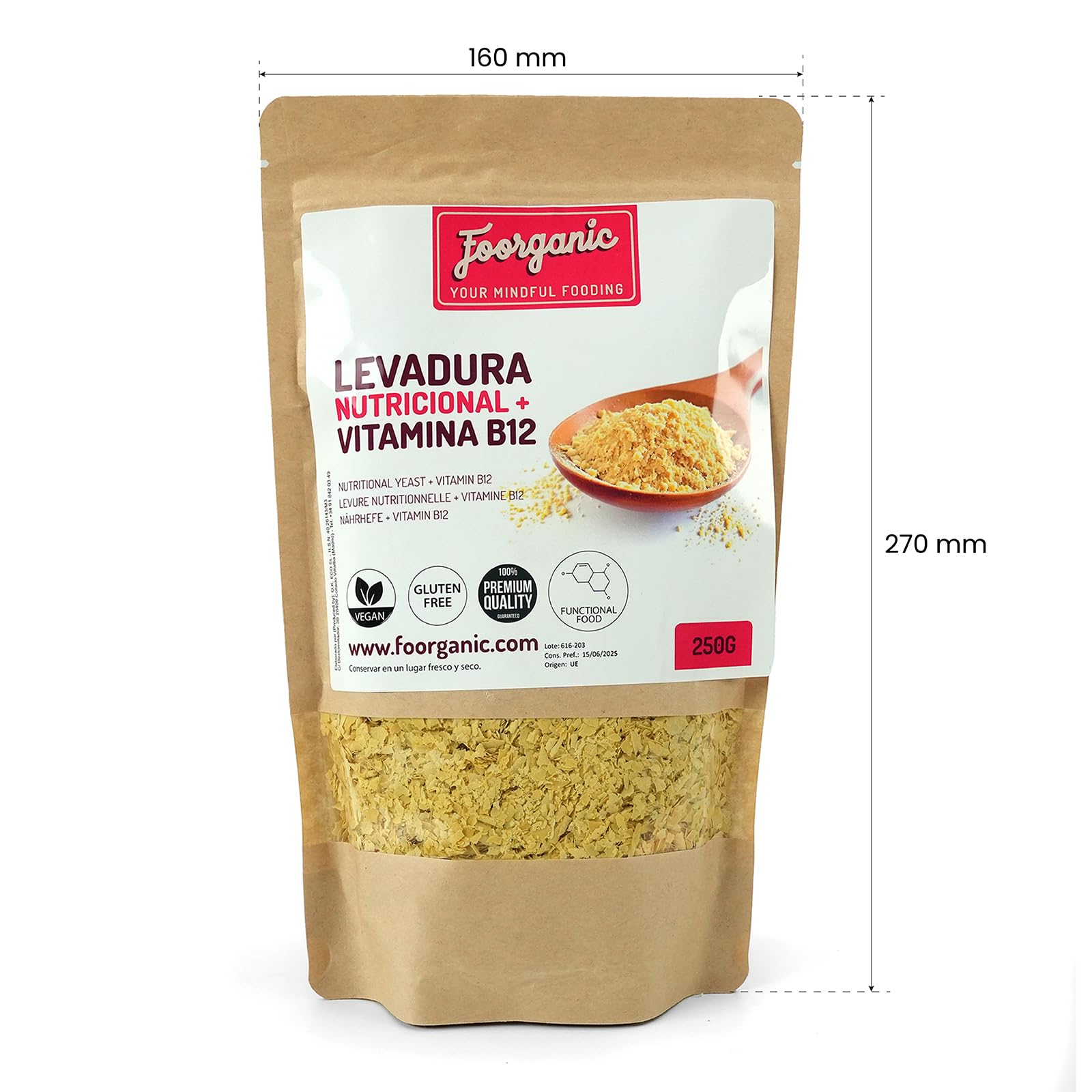 FOORGANIC Levadura Nutricional con Vitamina B12 Foorganic 250g | Superalimento Vegano | Ideal para Enriquecer Platos | Producida en España | Sin aditivos