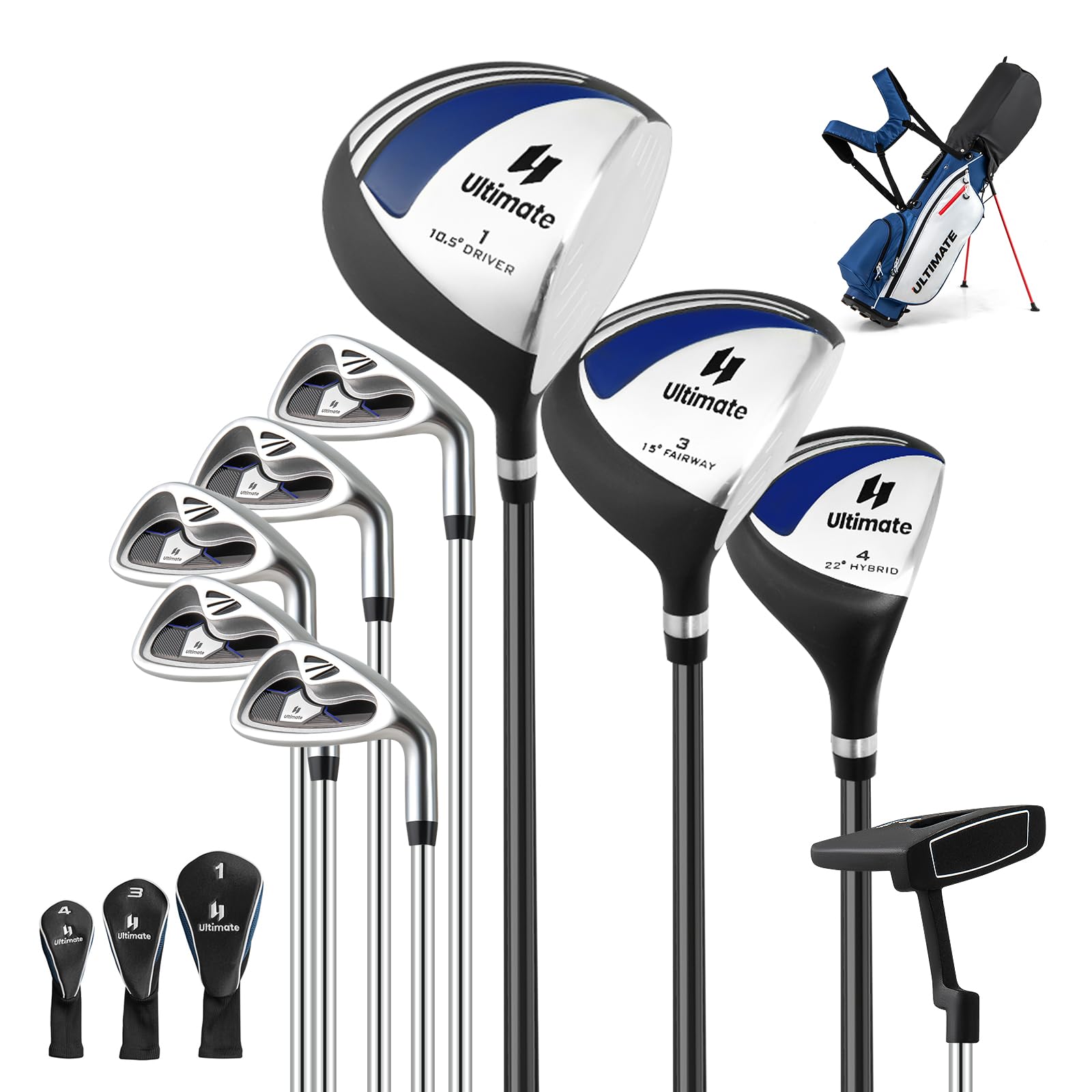 COSTWAY komplettes Herren Golfschläger Set, 9/11/15 teilige Golfschlägersätze rechtshändig mit Golftasche & Regenhaube, Golfset mit Driver & Fairway & Hybrid & Eisen & Putter Blau 9 teilig