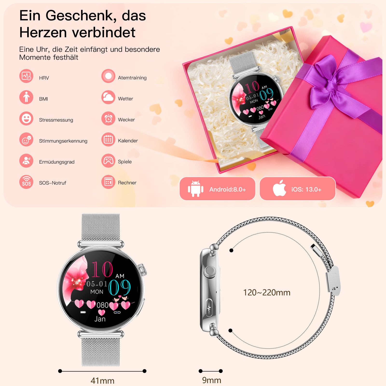 2026 Neu Smartwatch Damen mit EKG/Blutdruckmessung/Schlaf, 1,32"AOD Klein Runde Gesundheitsuhr mit AI-Zifferblatt &AI-Smart-Q&A,Bluetooth Anrufe/SpO₂/Puls/HRV/BMI/Stress/Menstruationszyklus Fitnessuhr