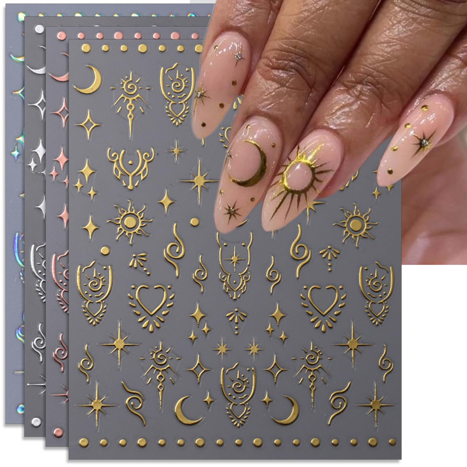 IDDFEVE Silver Nail Art Stickers - Moon Star Self-Adhesive 3D Nail Decals for DIY Golden Slivery Manicure (4 Sheets)