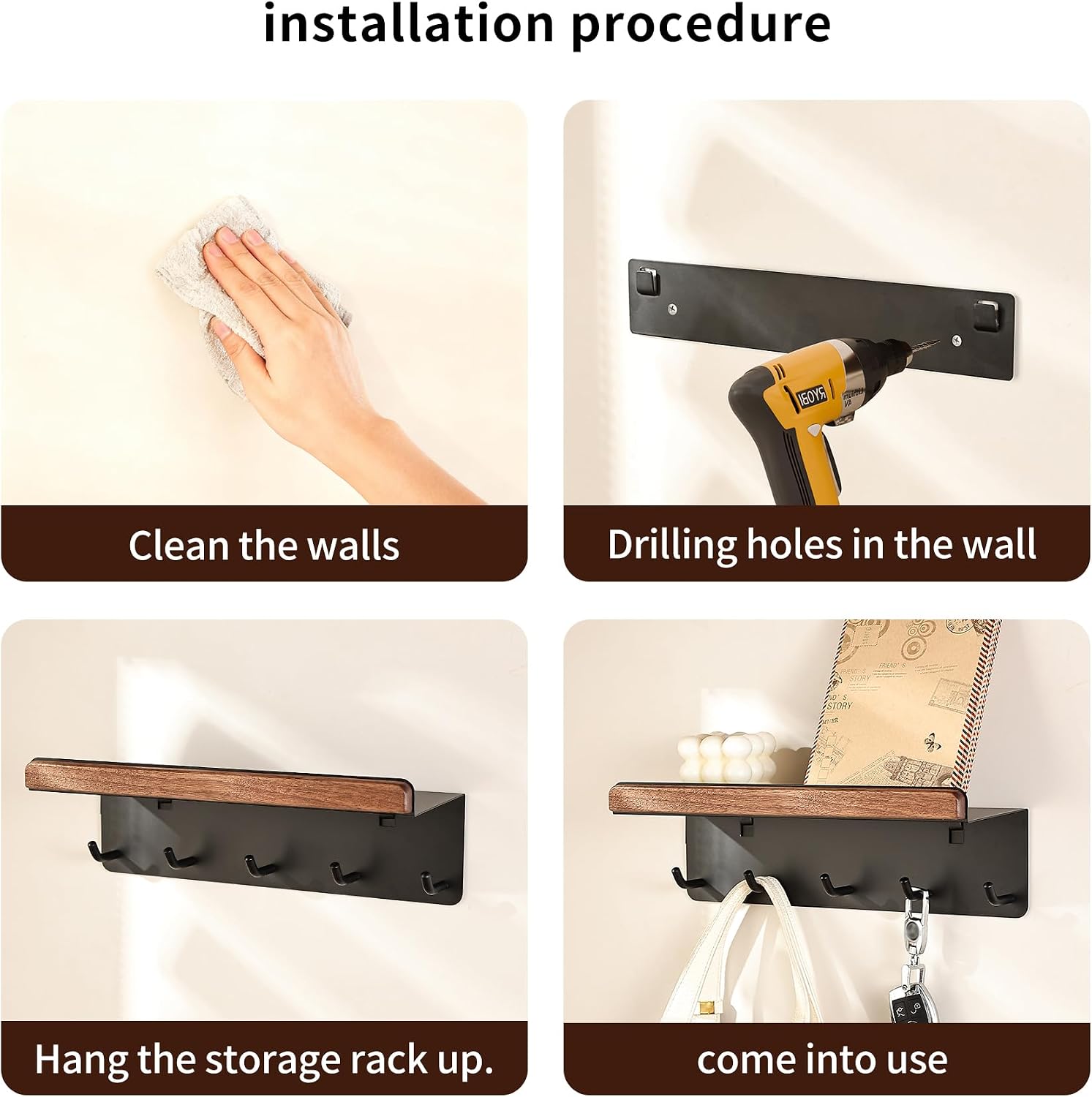 Wall Mounted Key Holder/Hangers for Wall Decorative with 5 Key Hooks,Wall Mounted Key Racks, Wooden Mail Organizer with Hooks for Entryway(Brown,4.3"x12"x4.1")