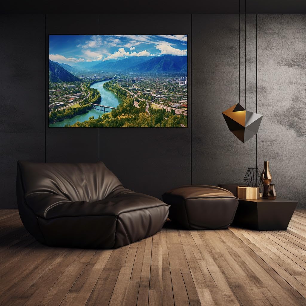 Canvas for Living Room. Nestled Majesty: Where Mountain Shadows Meet Urban Dreams by The Serene River�s Embrace, 27 x 18 inch Canvas Wall Art - Modern Home Decor