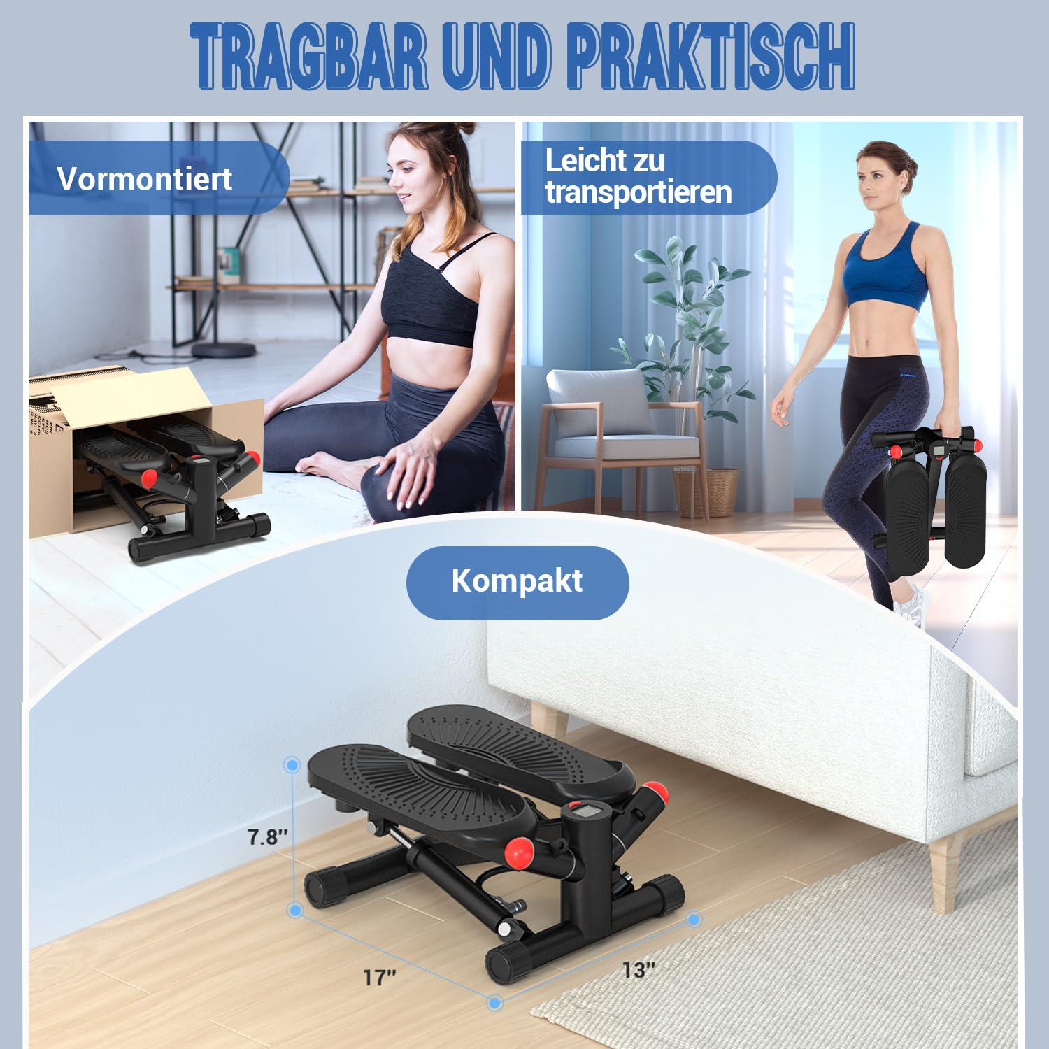 Mini Stepper für Zuhause mit Power Ropes, Höhenverstellbar Up-Down Swing Stepper mit LCD-Monitor, Hometrainer für Anfänger & Fitness Trainingsgerät 150kg Bein/Arm Trainer Home Fitness Exercise