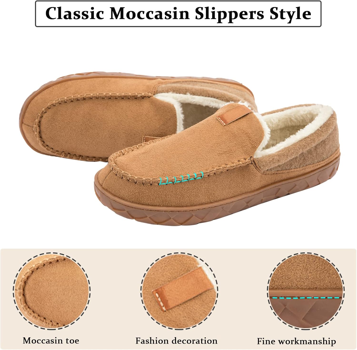 Men's Moccasin House Slippers Cozy Memory Foam Bedroom Slippers Indoor Outdoor Non-slip Suede Slipper Plush Lining Size 10, Brown - Image 5
