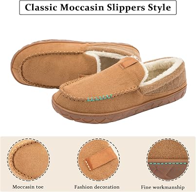 deenor Men's Moccasin House Slippers Cozy Memory Foam Bedroom Slippers Indoor Outdoor Non-slip Suede Slippers with Plush Lining Size 8, Brown