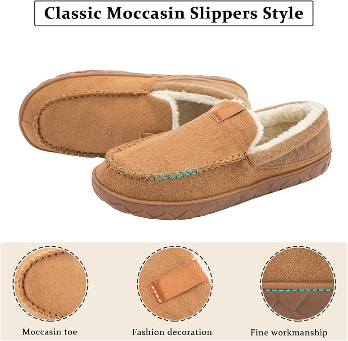 deenor Men's Moccasin House Slippers Cozy Memory Foam Bedroom Slippers Indoor Outdoor Non-slip Suede Slippers with Plush Lining Size 8, Brown