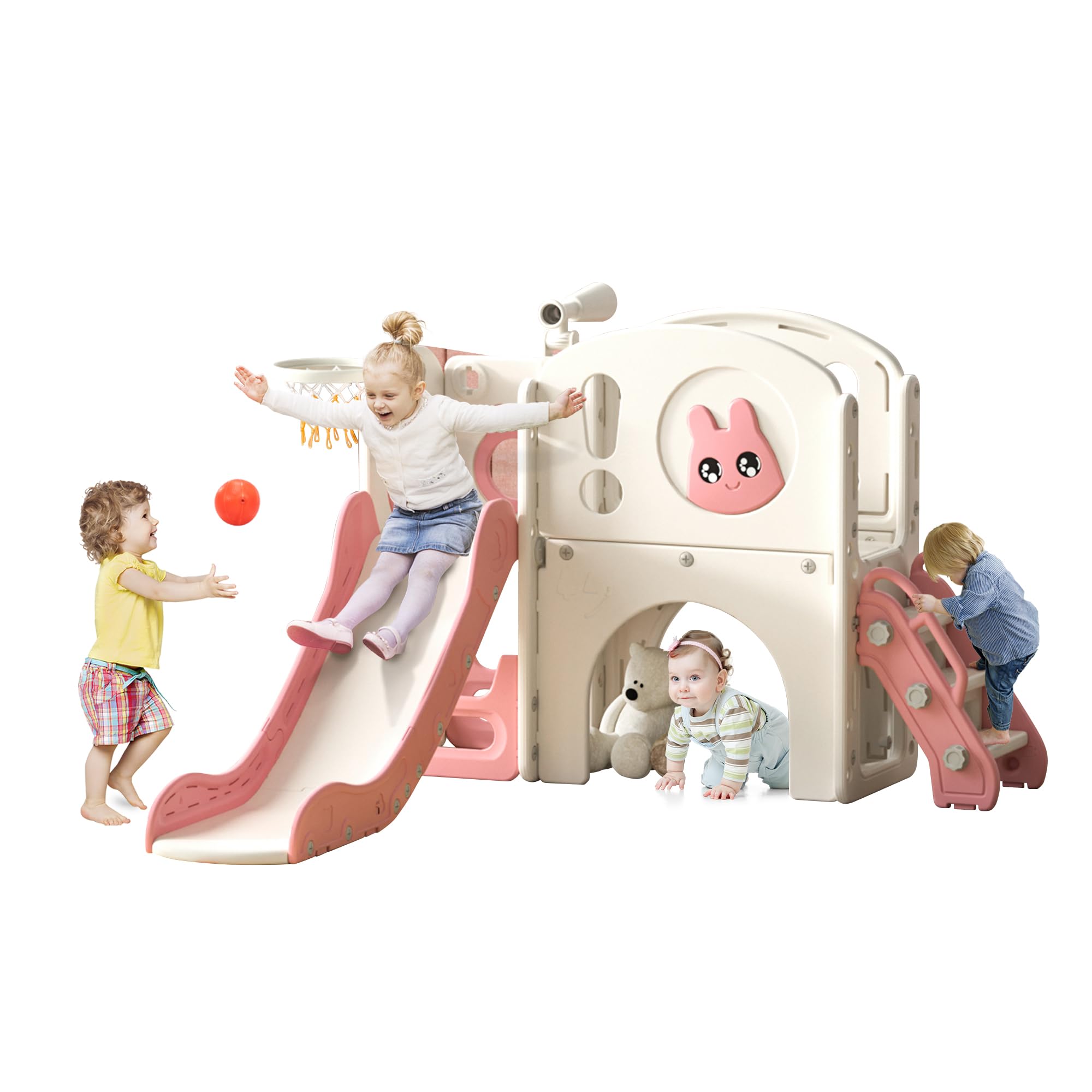 Summer Island Toddler Slide with Climbing Ladder, Tunnel, Telescope and Basketball Hoop, Outdoor Indoor Garden Slide Set for Kids, Gift
