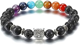 Top Plaza 7 Chakra Stone Bead Bracelet Lava Rock Stone Diffuser Bracelet Reiki Healing Yoga Meditation Anxiety Stretch Bracelets Owl Gifts for Women Men -Silver Owl