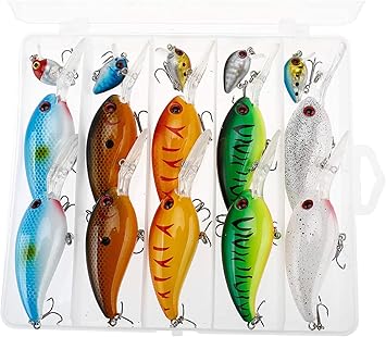 Amazon Mono Gatari 15個セット クランクベイト 釣りルアーセット タックルボックス付き スイムベイト プラスチック フック付きの餌 Mono Gatari ルアー材料