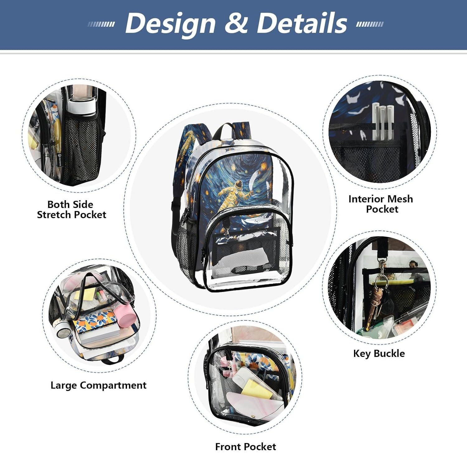 Galaxy Astronaut Cloud Clear Backpack Heavy Duty See Through Transparent PVC BookBag for Kids Boy Girl Adult School Work