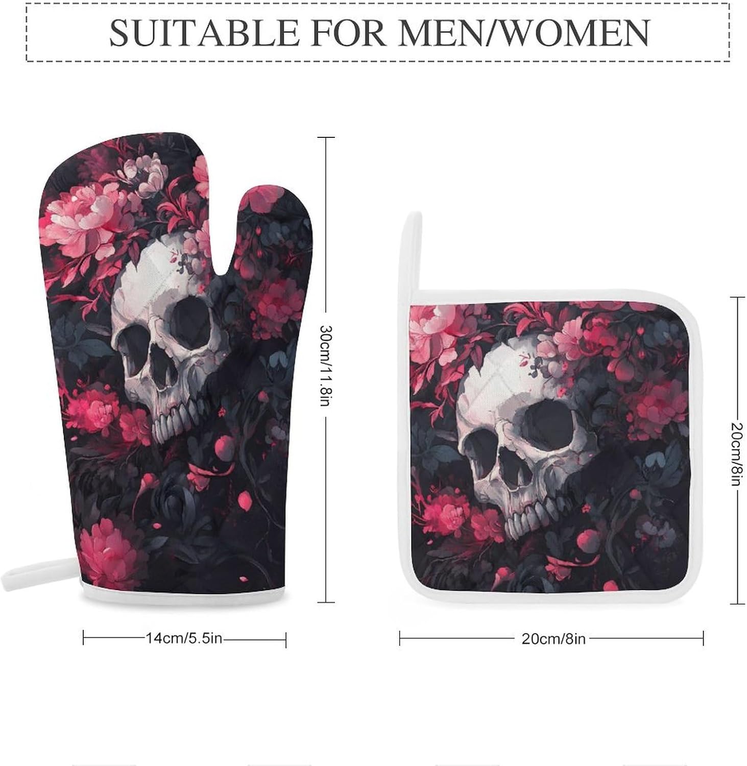 Skull Blooming Flowers Peony Oven Mitts and Pot Holders 4Pcs Set Heat Resistant Cooking Mitts Hot Pads
