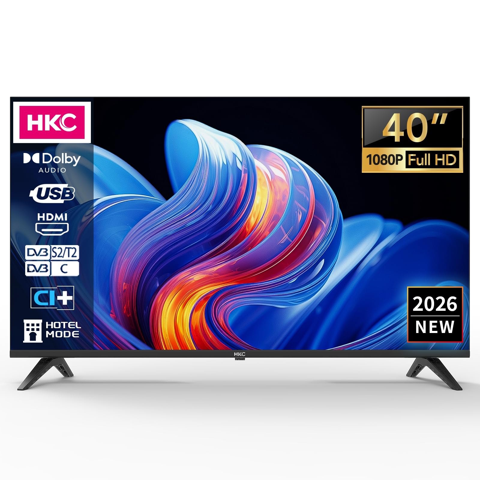 HKC Televisor 40 Pulgadas Full HD LED TV Sintonizador Digital DVB-T/T2-C-S/S2 con HDMI, Ci/Ci+, USB Grabador Reproductor, Modo Hotel (No Smart, H40Q1F-NS)