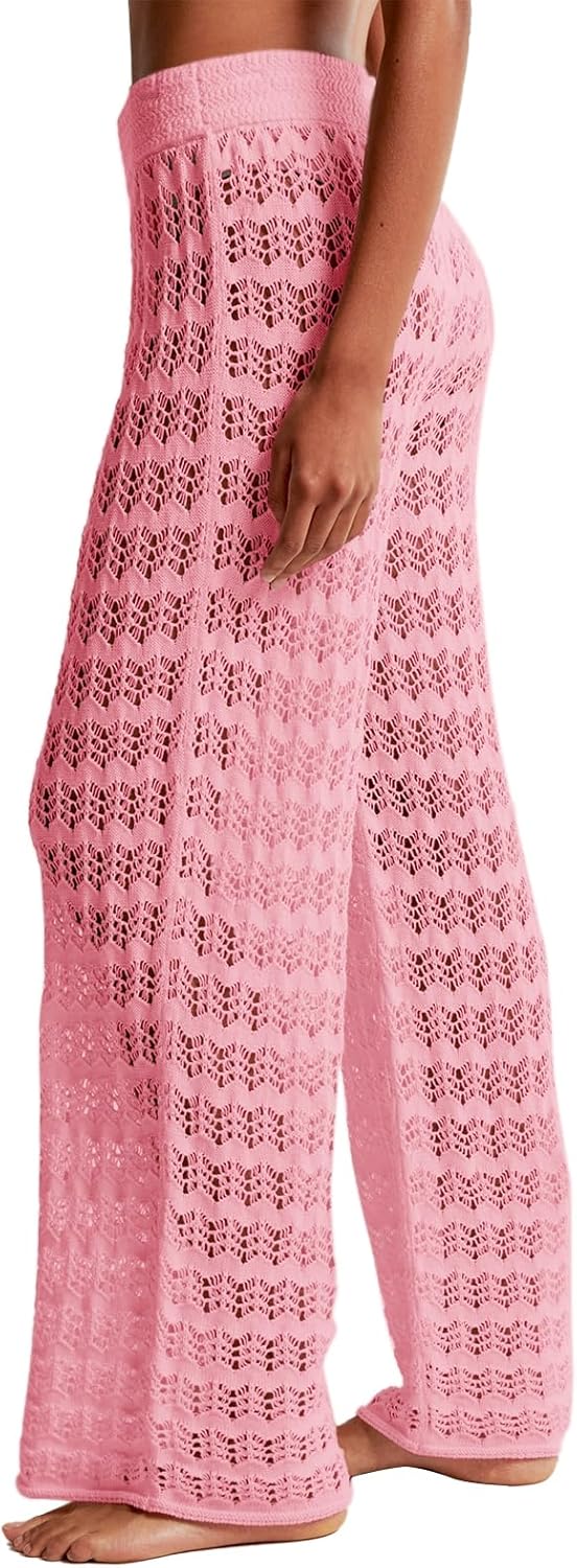 Saodimallsu Womens Crochet Cover Up Pants Sheer Mesh High Waist Sexy Casual Knit Summer Swimsuit Coverup Beach Pants - Image 2