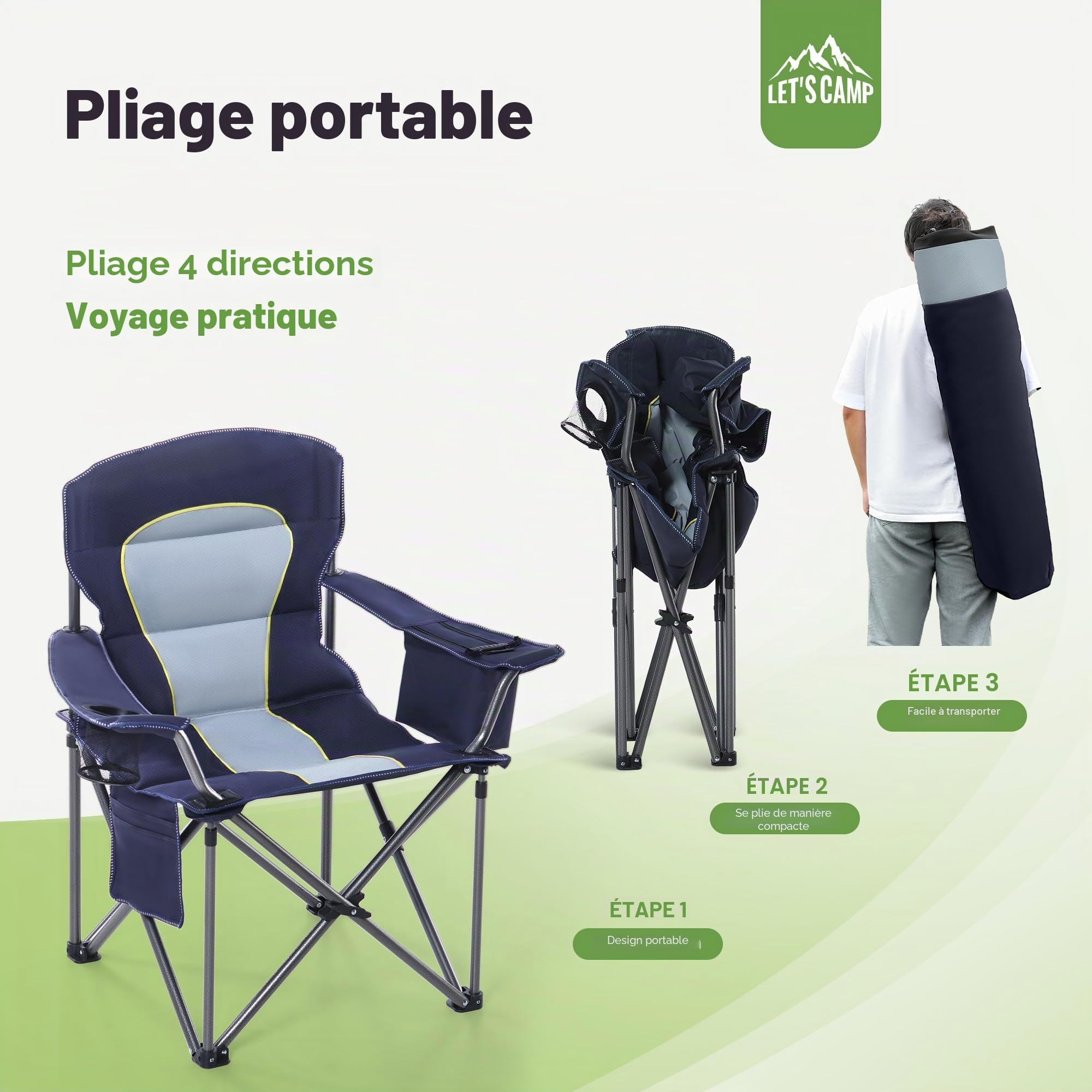 LET'S CAMP Chaise de Camping Pliable jusqu'à 200 kg | surdimensionnée avec Porte-gobelets, Sac Isotherme, Chaise d'extérieur