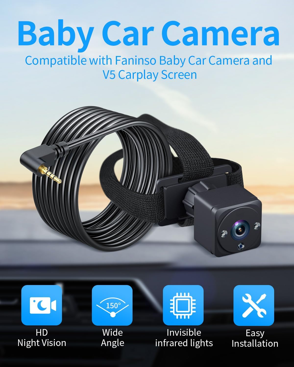 V5 Car Baby Monitor Camera, Compatible with V5 Carplay Screen, Car Camera with HD Night Vision, Invisible Infrared Lights, 150° Wide Angle, Easy Installation, Fits Most Cars