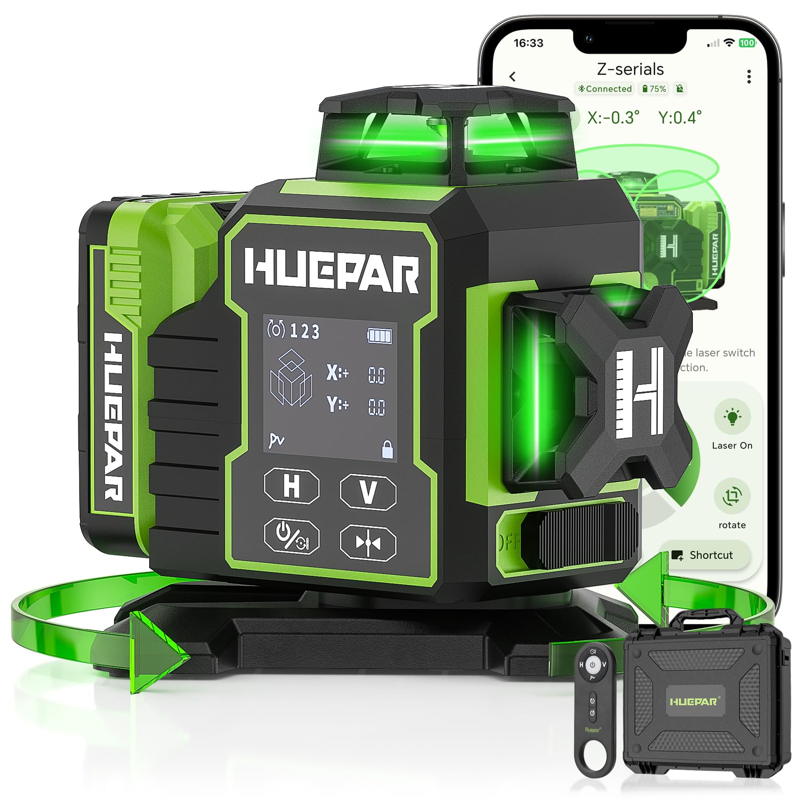 Huepar 2024 New Construction Laser Level 3x360 Self Leveling, 3D 12 Lines Bluetoothed Laser Level with Electric Rotating Base ＆ Large LCD Screen, 3 Planes Green Cross Lazer Leveler Tool W03CG