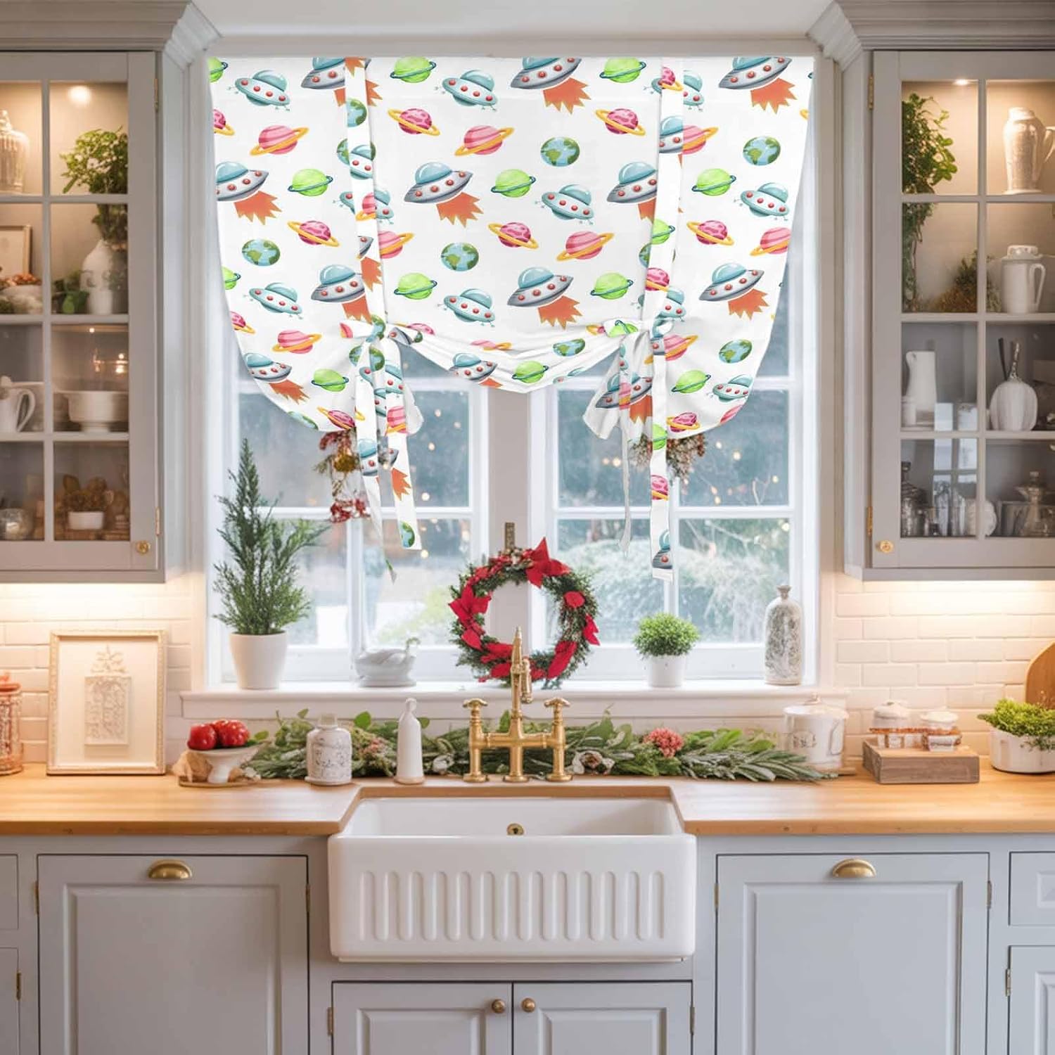Colorful Spaceship Tie Up Curtains for Windows 63 Inch Length Balloon Curtains Kitchen Adjustable Balloon Window Shade Watercolor Cartoon Modern Abstract Art Tie Up Bathroom Curtain Window 52"x63"