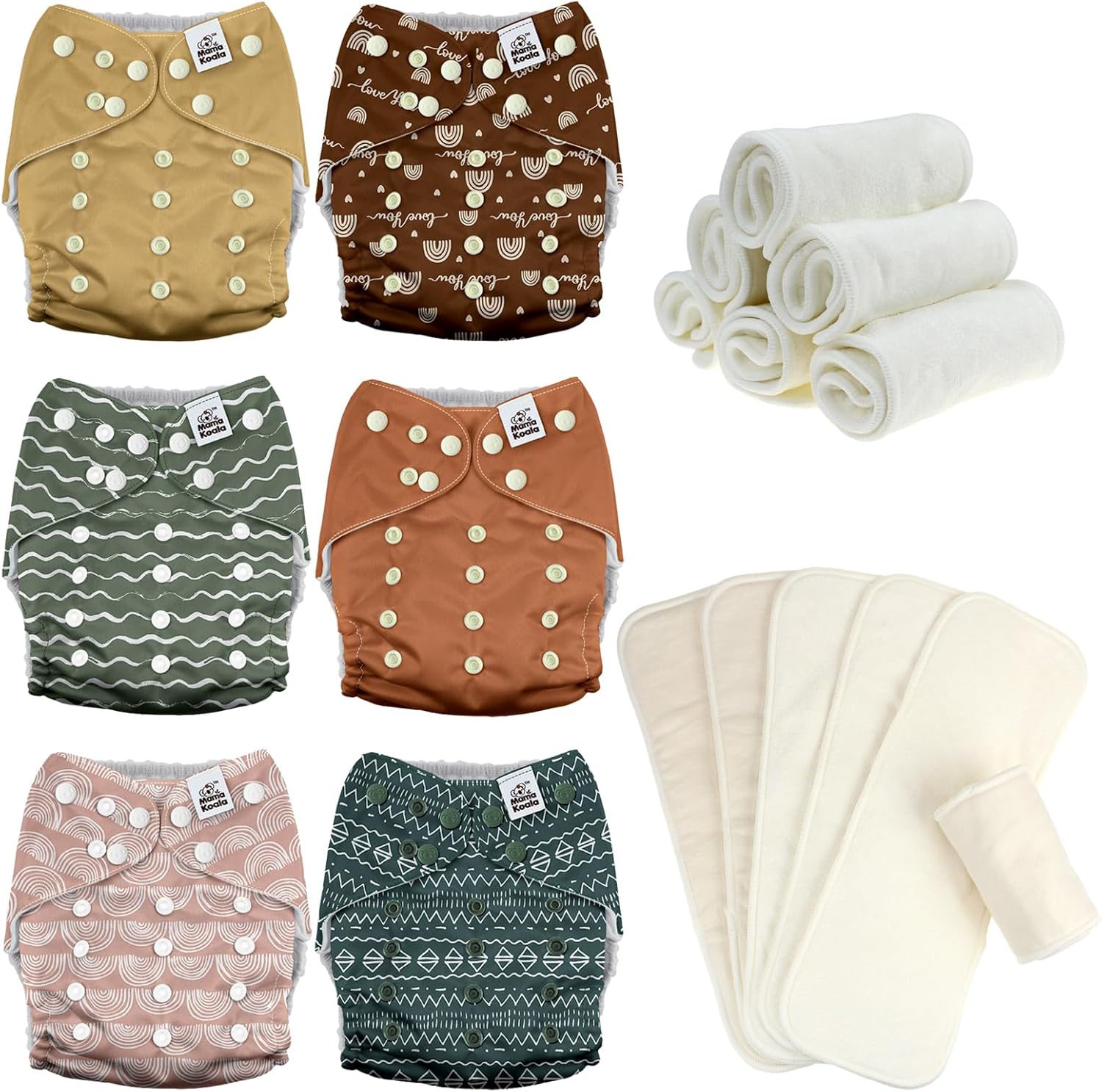 Mama Koala 3.0 Baby Cloth Diapers with 6 Inserts Bundle(Hope in The Desert), with 6 Pack 6-Layer Bboo Hemp Cotton Inserts