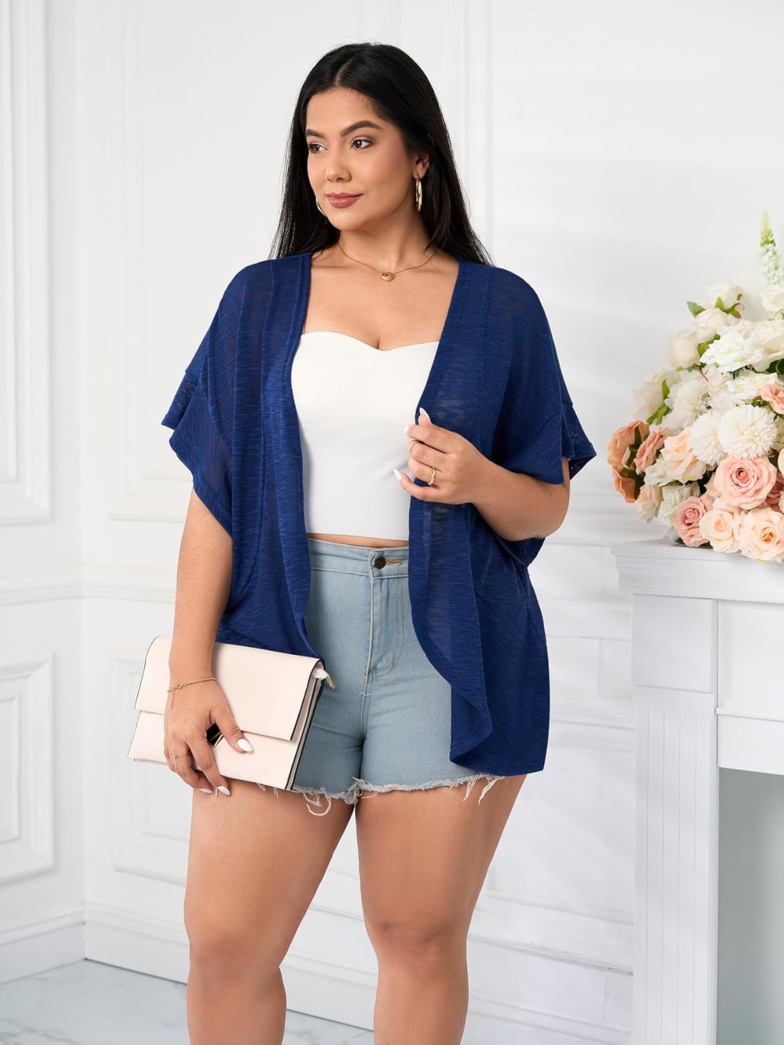 SCOMCHIC Women Plus Size Lightweight Cardigan Summer Kimono Ruffle Short Sleeve Open Front Casual Tops Beach Cover Up - Image 3