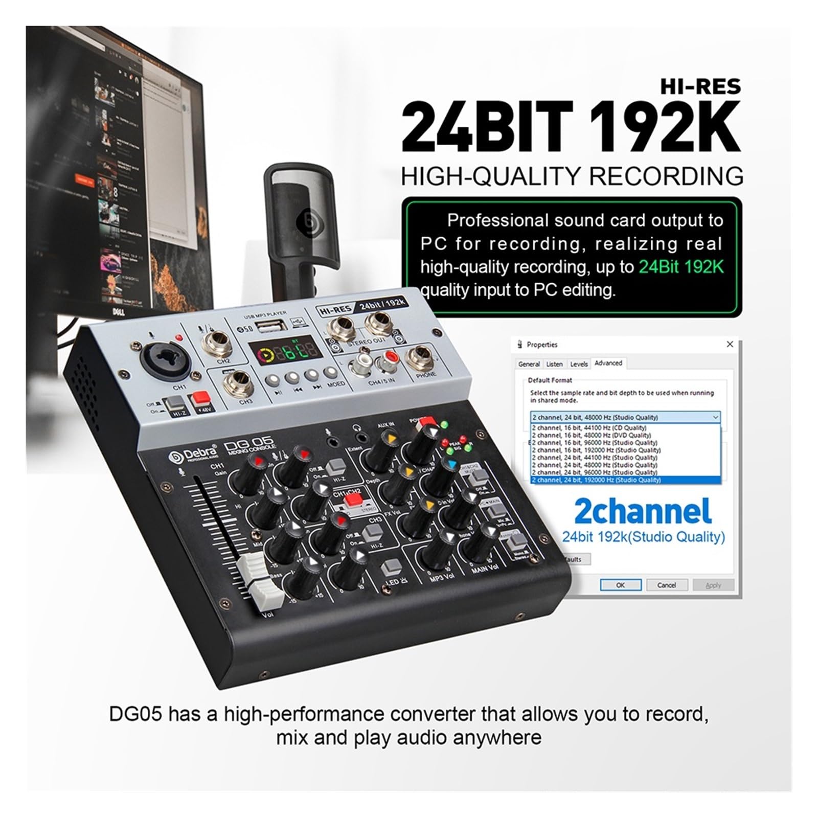 DJ-Mixer, DG05 24bit 192kHz Schnittstelle Soundkarte Studioqualität 5.0 BT for PC E-Gitarre Live-Aufnahme Gesang mit Überwachung