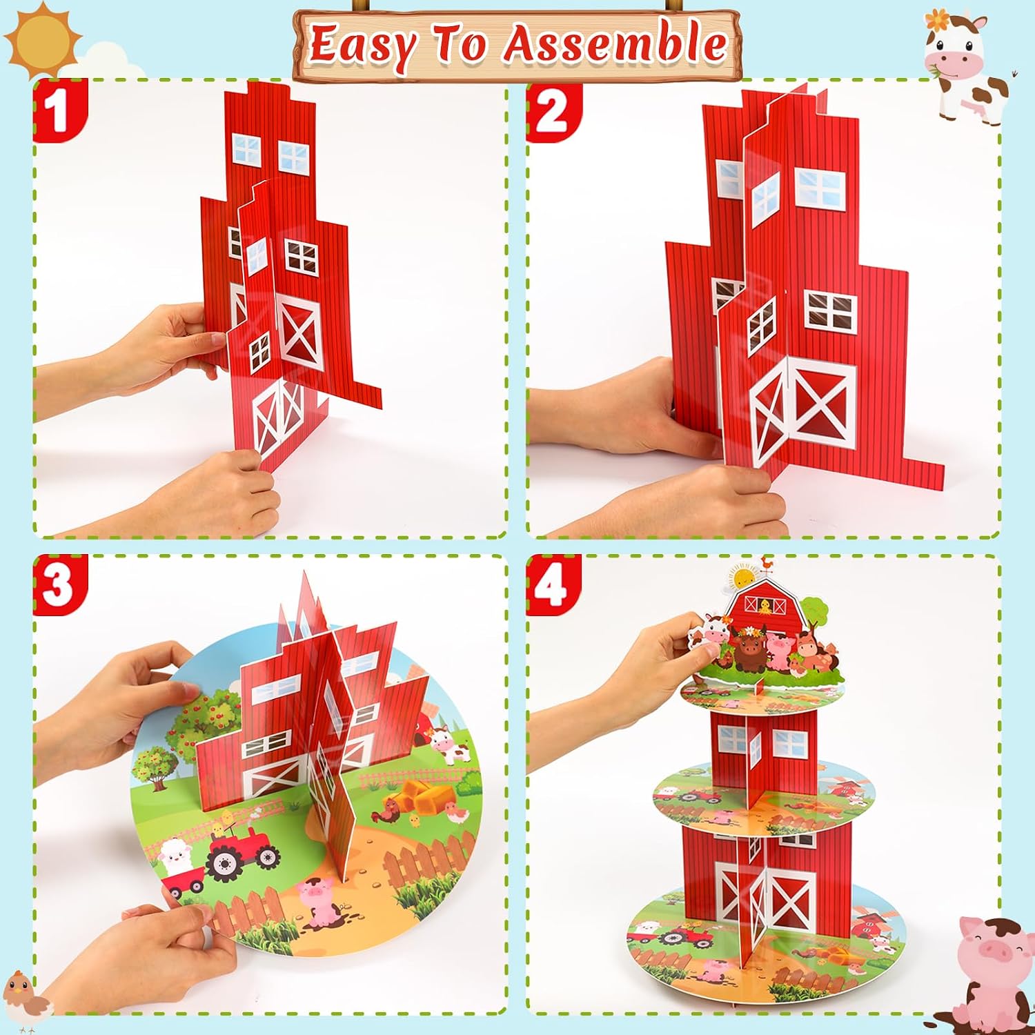 2Pcs 3 Tier Farm Cupcake Stand Cardboard for Kids Birthday Party Decor