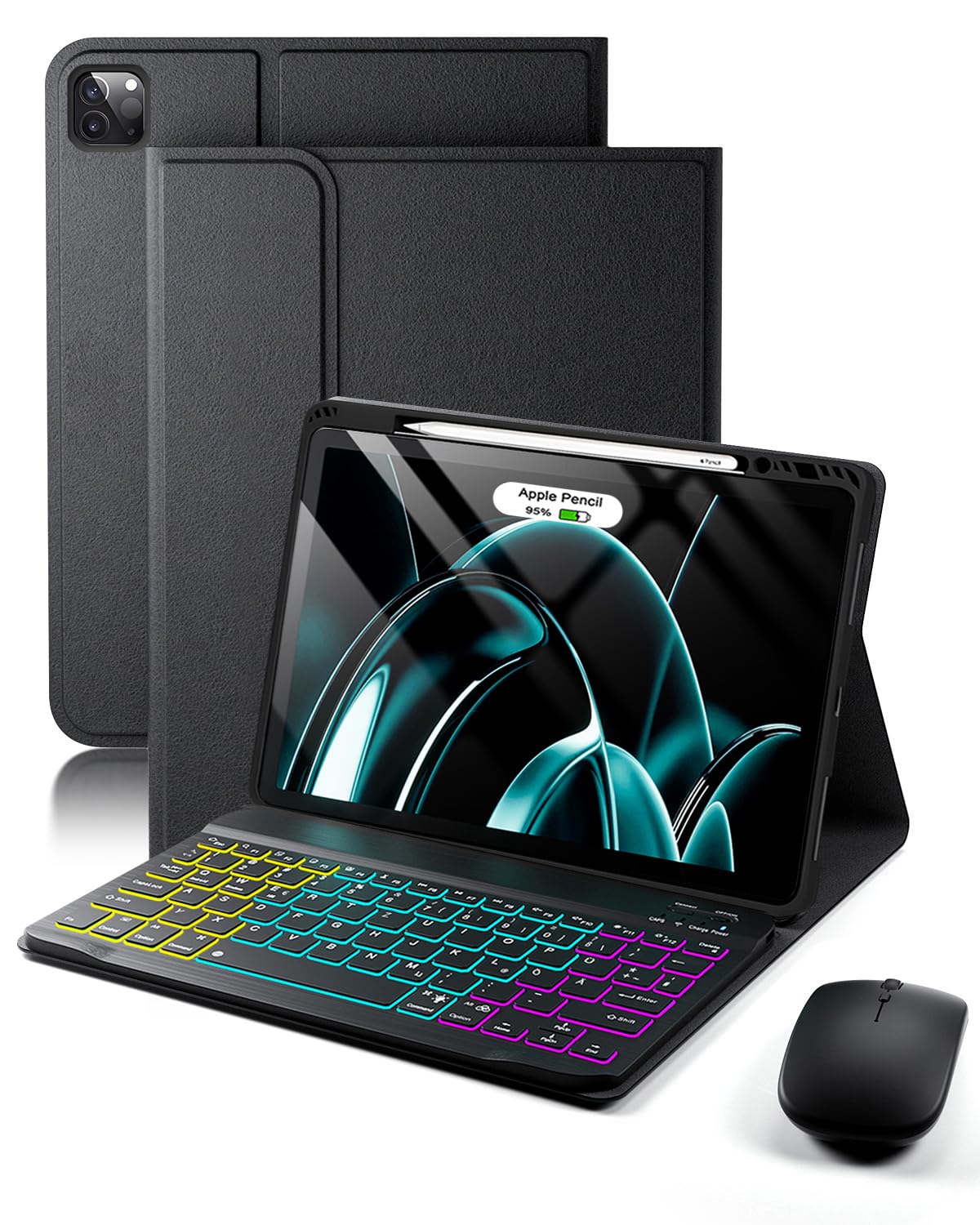 für iPad Air 13 Zoll (M4-2026,M3-2025, M2-2024) und iPad Pro 12,9 Zoll (6,5,4,3 Generation) Hülle mit Kabelloses Bluetooth Deutsch (QWERTZ) Beleuchtete Farbige Tastatur und Maus,Backlit Keyboard Case