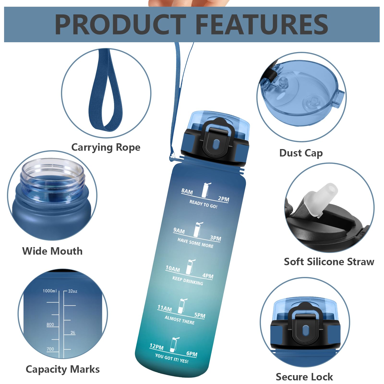 Grsta Borraccia 1l, Bottiglia Motivazionale, Borraccia con Cannuccia, A Prova di Perdite, Borracce Palestra con Indicatore del Tempo per Escursionismo, Fitness, Gym