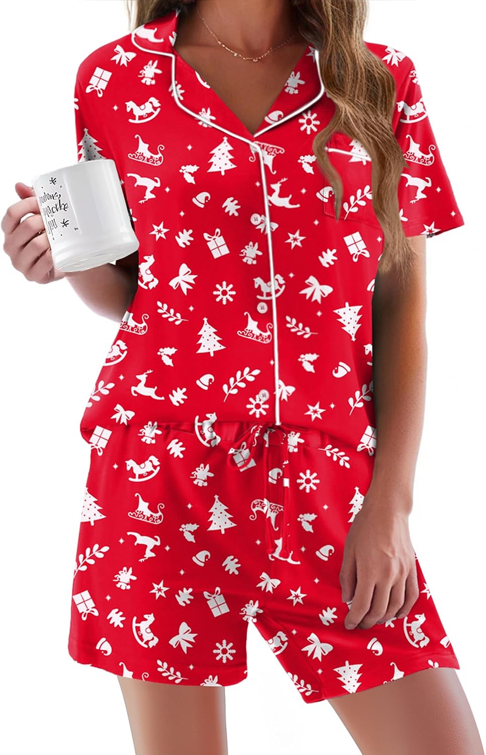 Ekouaer Pajamas Set for Women Short Sleeve Sleepwear Button Down Pjs Soft 2 Piece Lounge Sets XS-XXXL
