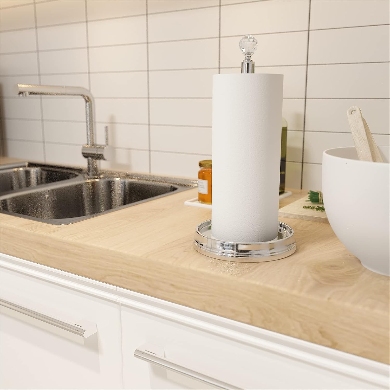 KASUNTO Crystal Ball Paper Towel Holder - Steel Stand for Countertops & Tables, Fits Standard & Jumbo Rolls, Polished Chrome image 5