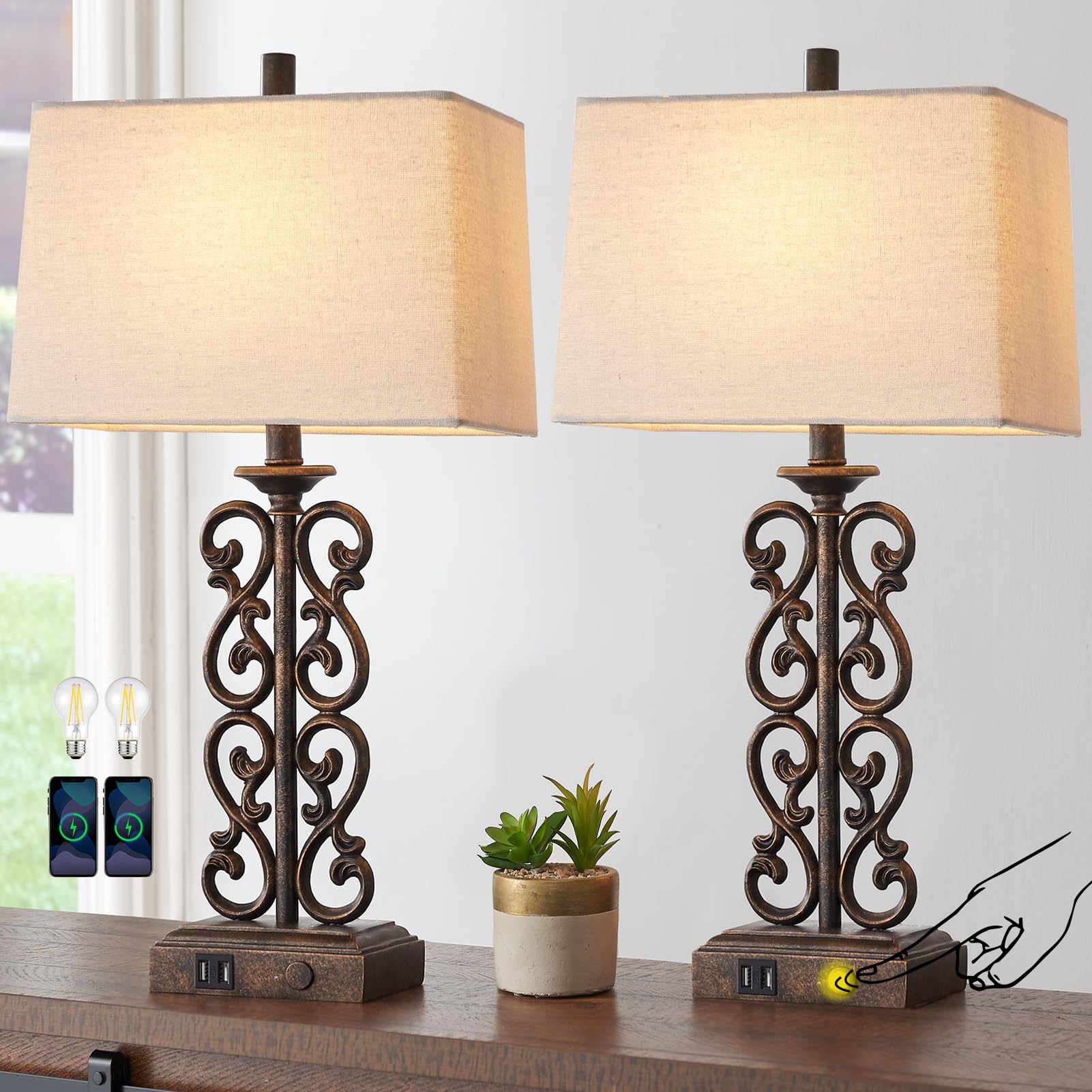 Lot De 2 Lampes De Table Design Ferme - USB C+A Et Prise Intégrée - Intensité Variable 3 Niveaux - Style Rustique Salon Et Chambre
