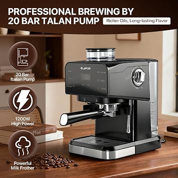 Elefor Espresso Machine 20 Bar, Coffee Maker with grinder Black