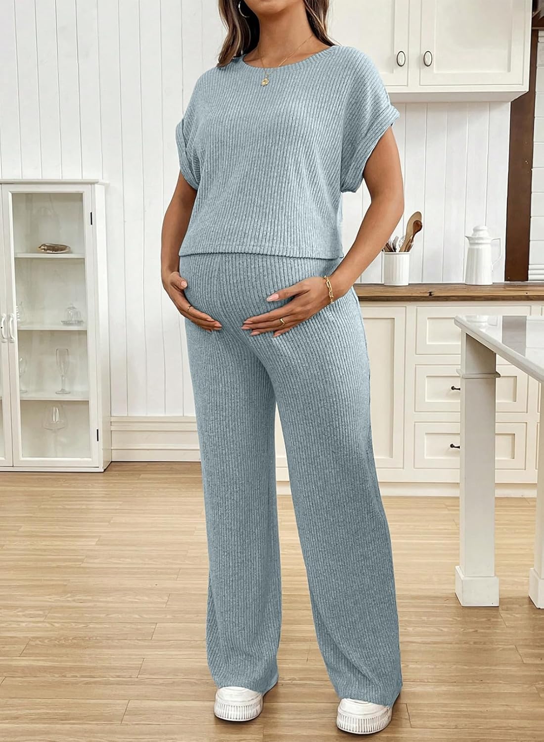 BLENCOT Maternity Clothes Ribbed Short Sleeve Maternity Pajamas Sets Sleepwear Lounge 2 Piece Matching Outfits Set