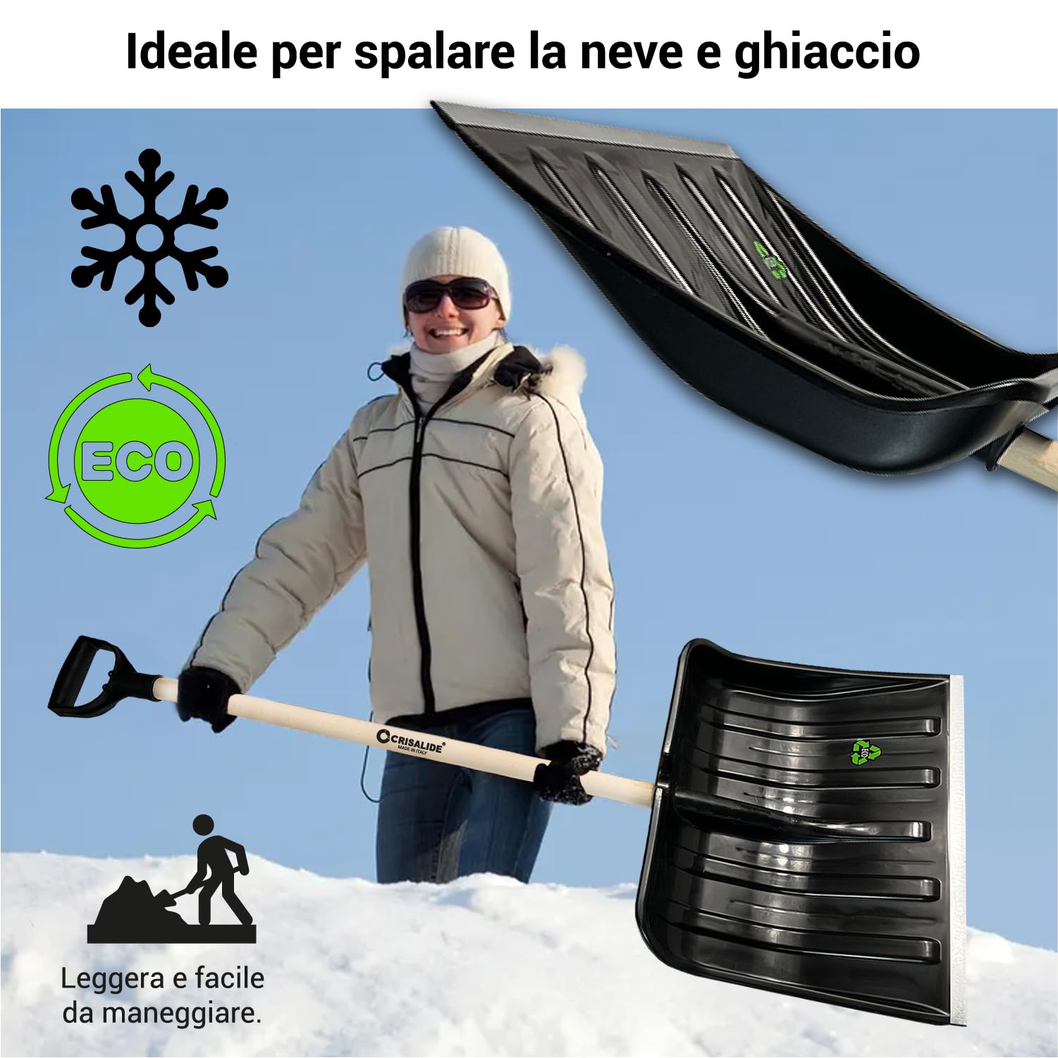 Crisalide® - Baie super résistante professionnelle 32 x 40 cm, extrémités renforcées en aluminium anti-choc, poignée 80 cm, polyvalente pour usage agricole, jardinage et construction, pelle