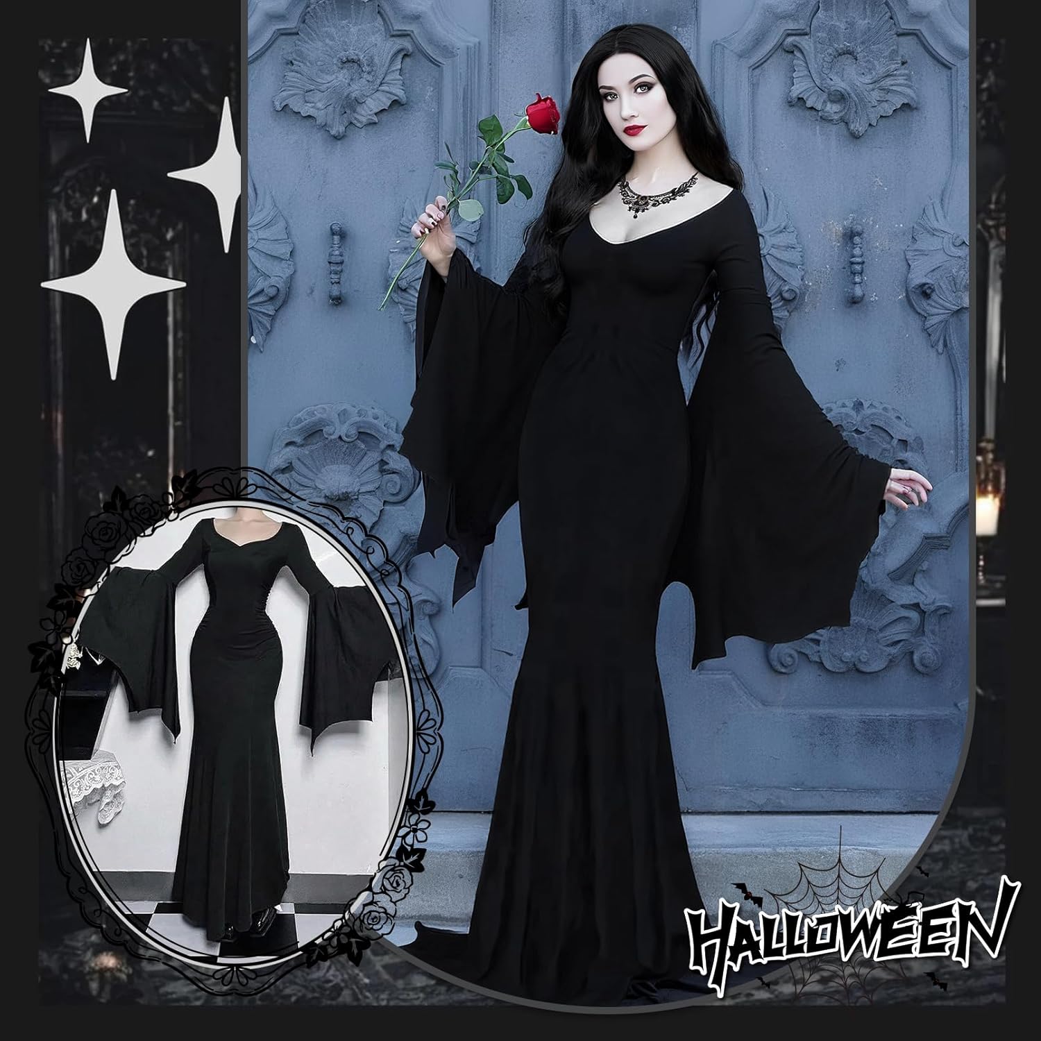 Halloween Morticia Addams Costumes Vintage Gothic Black Long Dress Outfit Women Wig Red Roses Flowers Necklace - Image 7