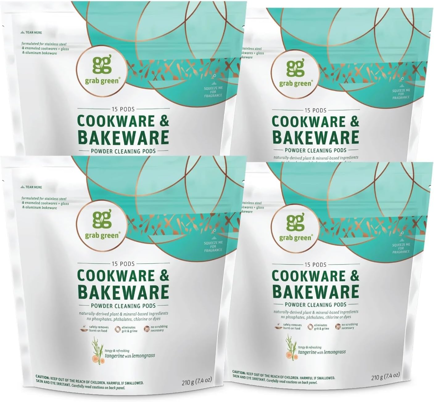 Grab Green Cookware and Bakeware Cleaner Pods, 4 Bags of 15 Pods, Tangerine Lemongrass Scent, Plant and Mineral Based, Removes Burnt-On Food, Eliminates Grit and Grime, No Scrubbing Necessary