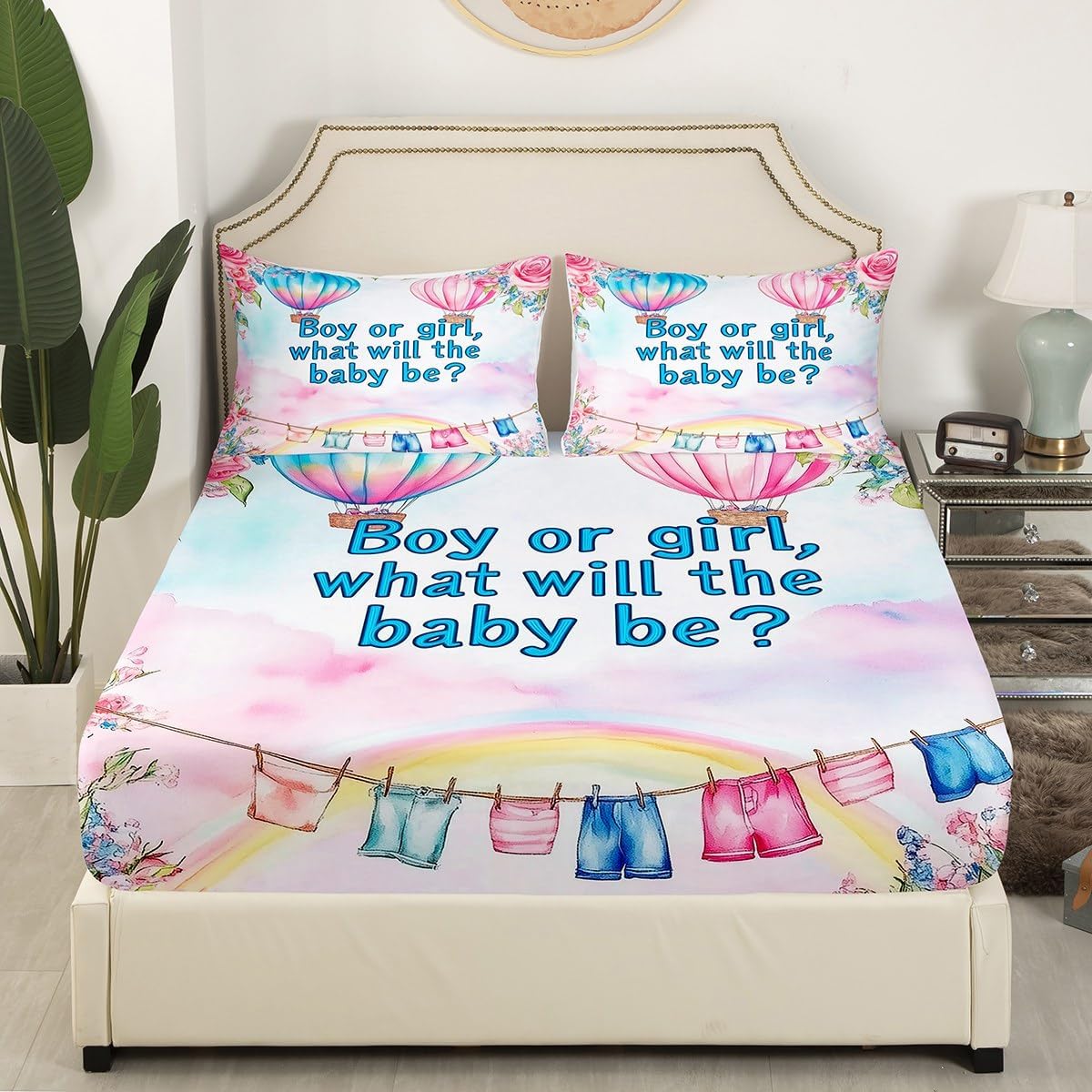 Gender Reveal Fitted Sheet Boy Or Girl Gender Guess Bedding Twin, Pink Or Blue Floral Clouds Bed Sheets Rainbow Baby Reveal Decorations Party Bed Sheets 2 Pieces for Newborn Gifts