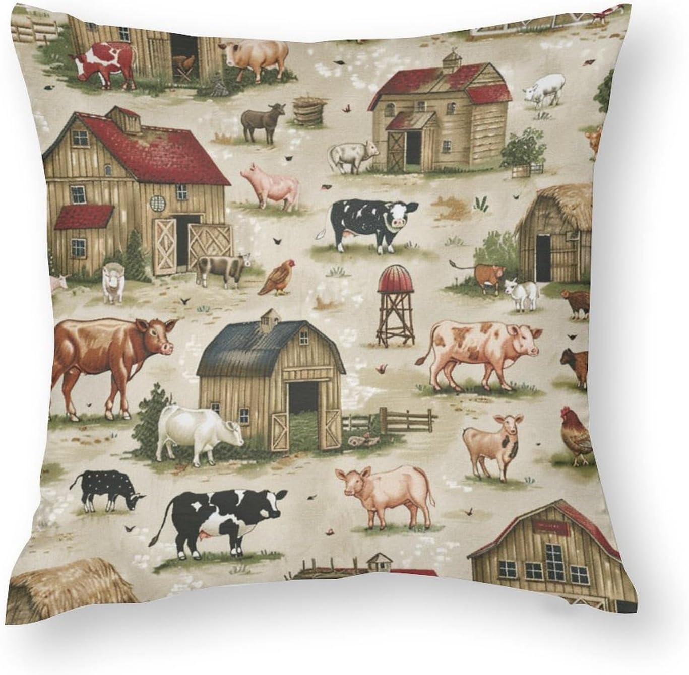 2 Packs Retro Rustic Cottage Throw Pillow Covers for Living Room, Farmhouse Pig Cow Rooster Pillow Covers Cushion Case for Couch Sofa Bed, 20x20 inch