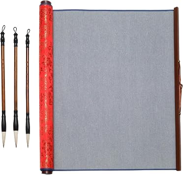 4 Pcs No Ink Chinese Calligraphy Practice Set Reusable Brocade Nonwoven Water Writing/Painting Cloth Scroll with 3 Traditional Calligraphy Writing Brush Pens, Red