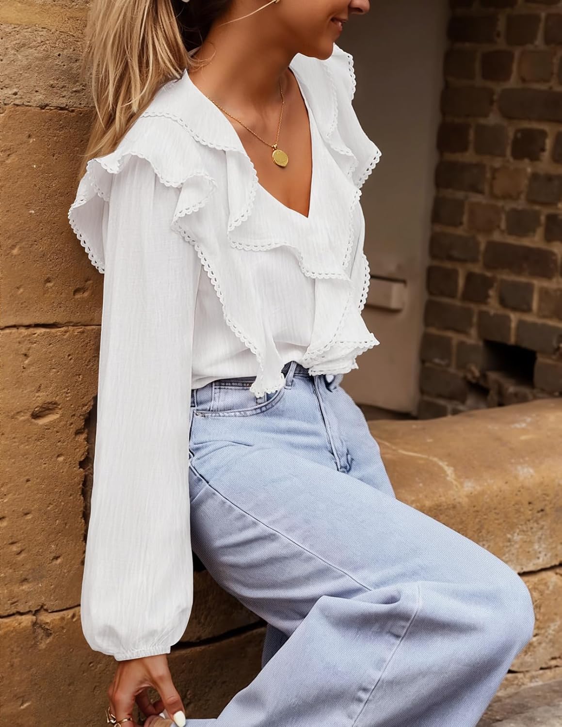 MEROKEETY Women's Fall Long Sleeve Ruffle Blouse Dressy Casual Top V Neck Trendy Business Work Shirts 2025 - Image 4