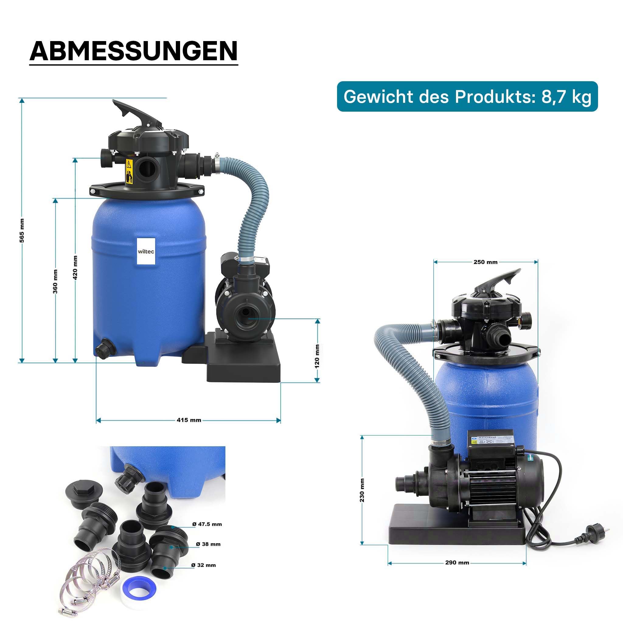 Wiltec System filtra piaskowego 180 W ze zbiornikiem filtra 14 l i pompą samozasysającą 9000 l/h, pompa piaskowa do basenu, filtr do basenu