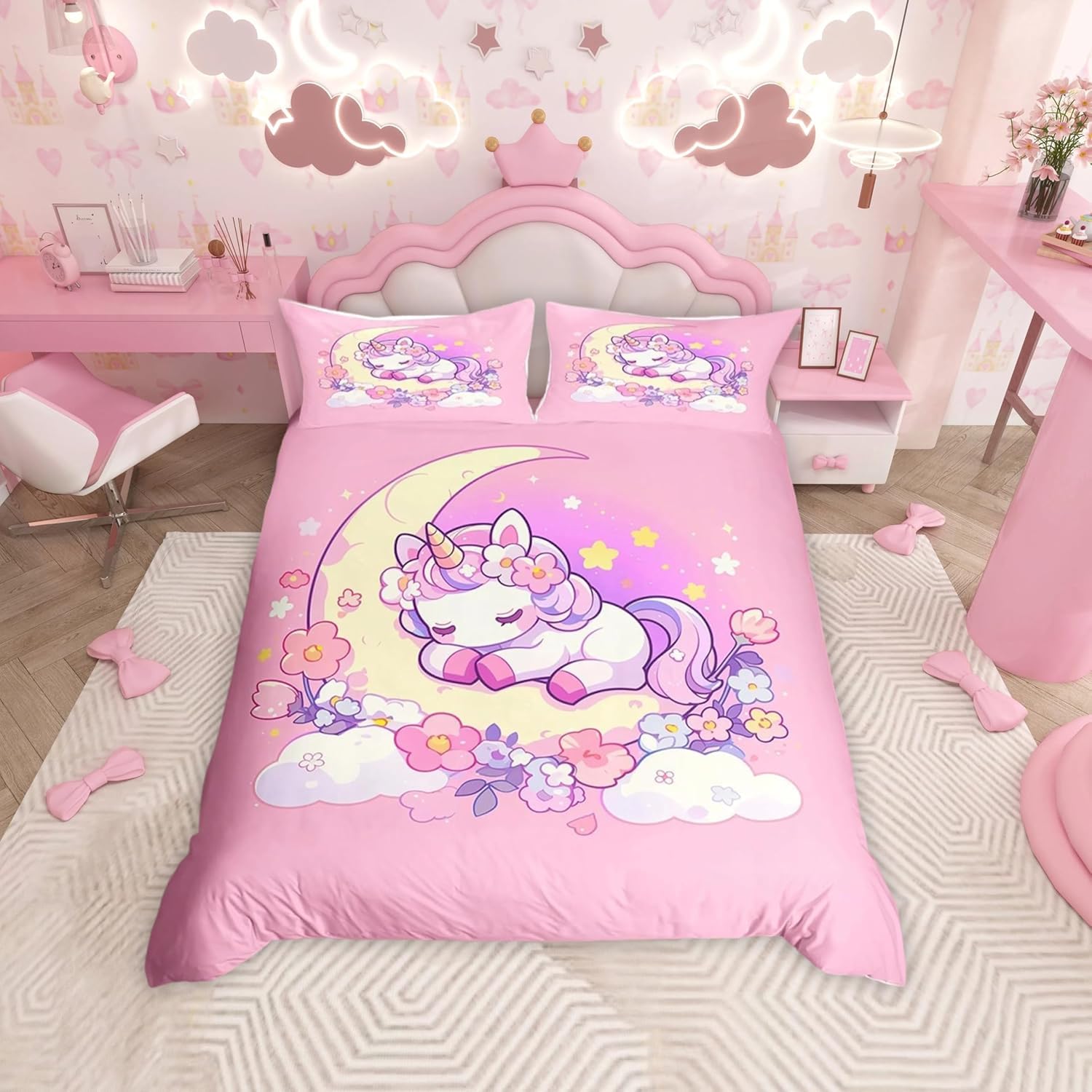 Homemissing Cute Unicorn Duvet Cover Set Cot Size Children Girls Kawaii Bedding Set Floral Flower Duvet Cover with 1 Pillowcase Moon Cloud Pink โ image 1