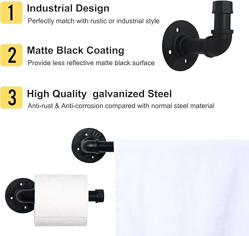 Miniatura 4 de HouseAid Juego de 3 toallas de tubo industrial, kit de toallero de acero rústico, estilo vintage, accesorios para baño, montaje en pared, negro mate