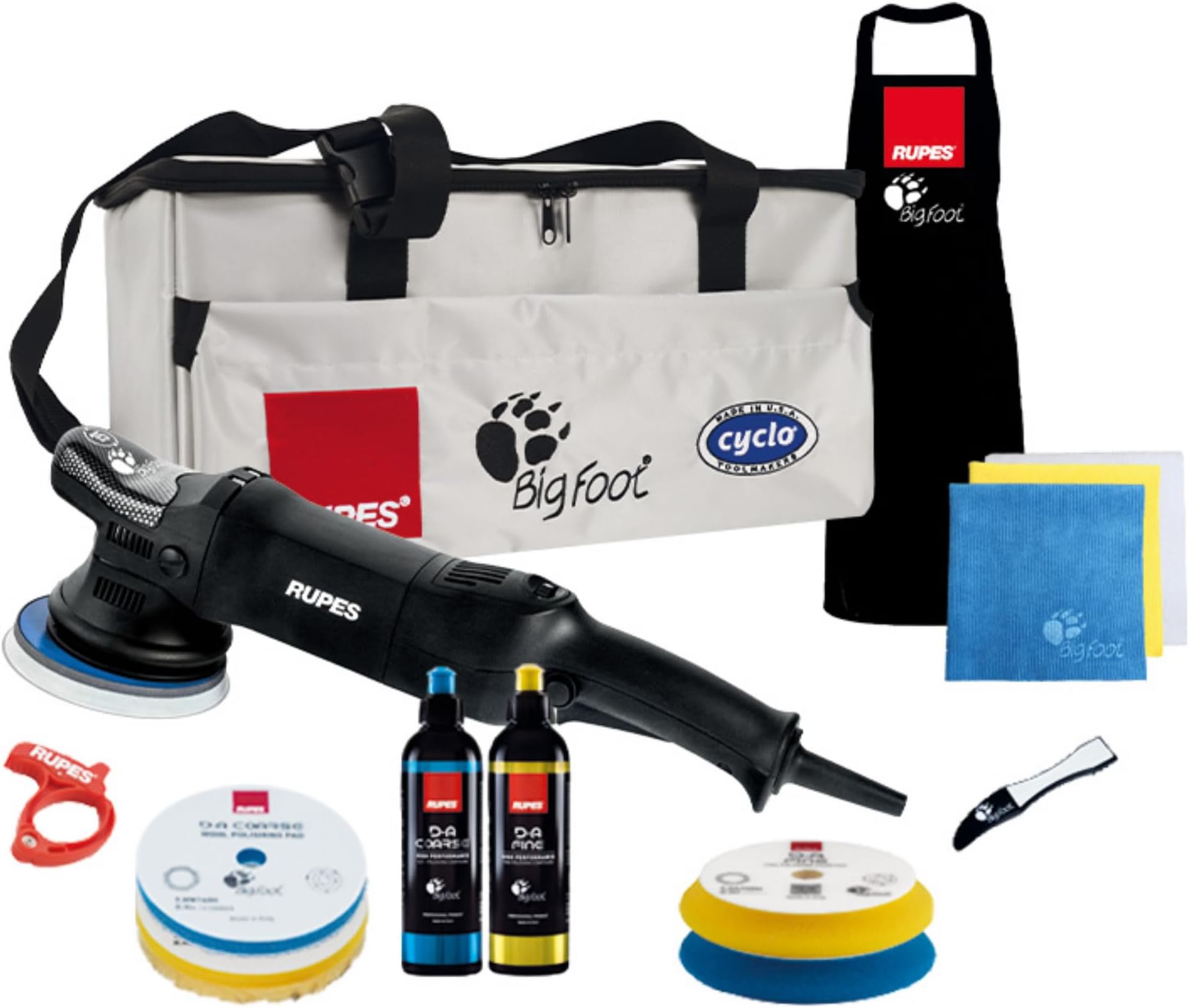 RUPES BigFoot LHR15ES Random Orbital Complete Polishing Kit | Includes D-A Compounds, Foam Pads, Wool Pads, Cloths, Claw Pad, Cord Clamp, Apron & Carrying Bag | Maximum Surface Coverage