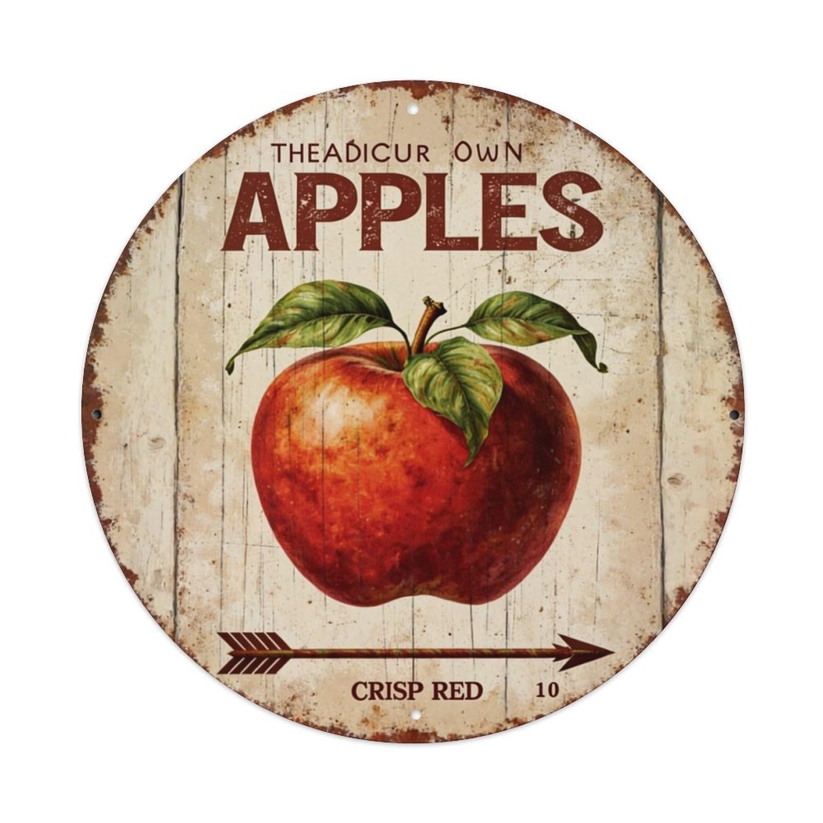 Rustic Apple Sign With Arrow Retro Metal Sign Round Tin Sign, Vintage Decor Art Poster for Bar, Home, Man Cave, Kitchen, Laundry Room Gift 8x8Inch