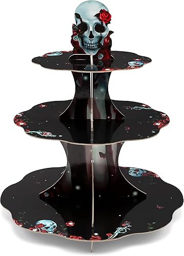 Cheerland Soporte gótico para cupcakes con diseño de calavera de rosa para decoración de fiesta de Halloween, decoración de mesa de esqueleto