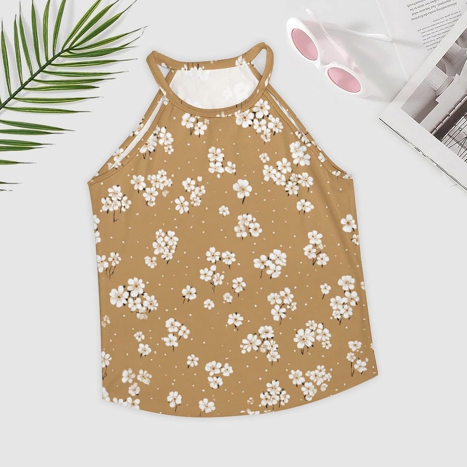 Halter Tank Top for Women Floral Print Sleeveless Tops Summer Casual Loose Fit Blouse Crewneck Cute Basic Camisole image 3