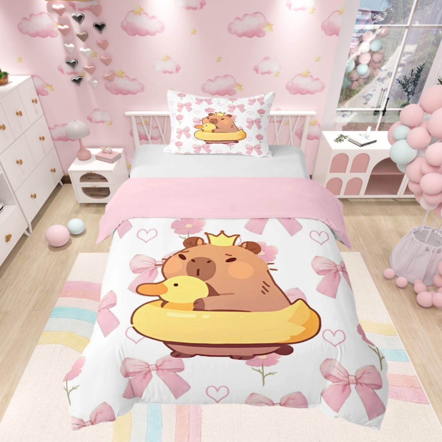 Homewish Kids Kawaii Capybara Duvet Cover Set Girls Pink Bow Bedding Single - Cute Capybara with Rubber Duck Quilt Cover Princess Style Bowknot Floral Bed Set with Pink Reverse - 1 Pillowcase