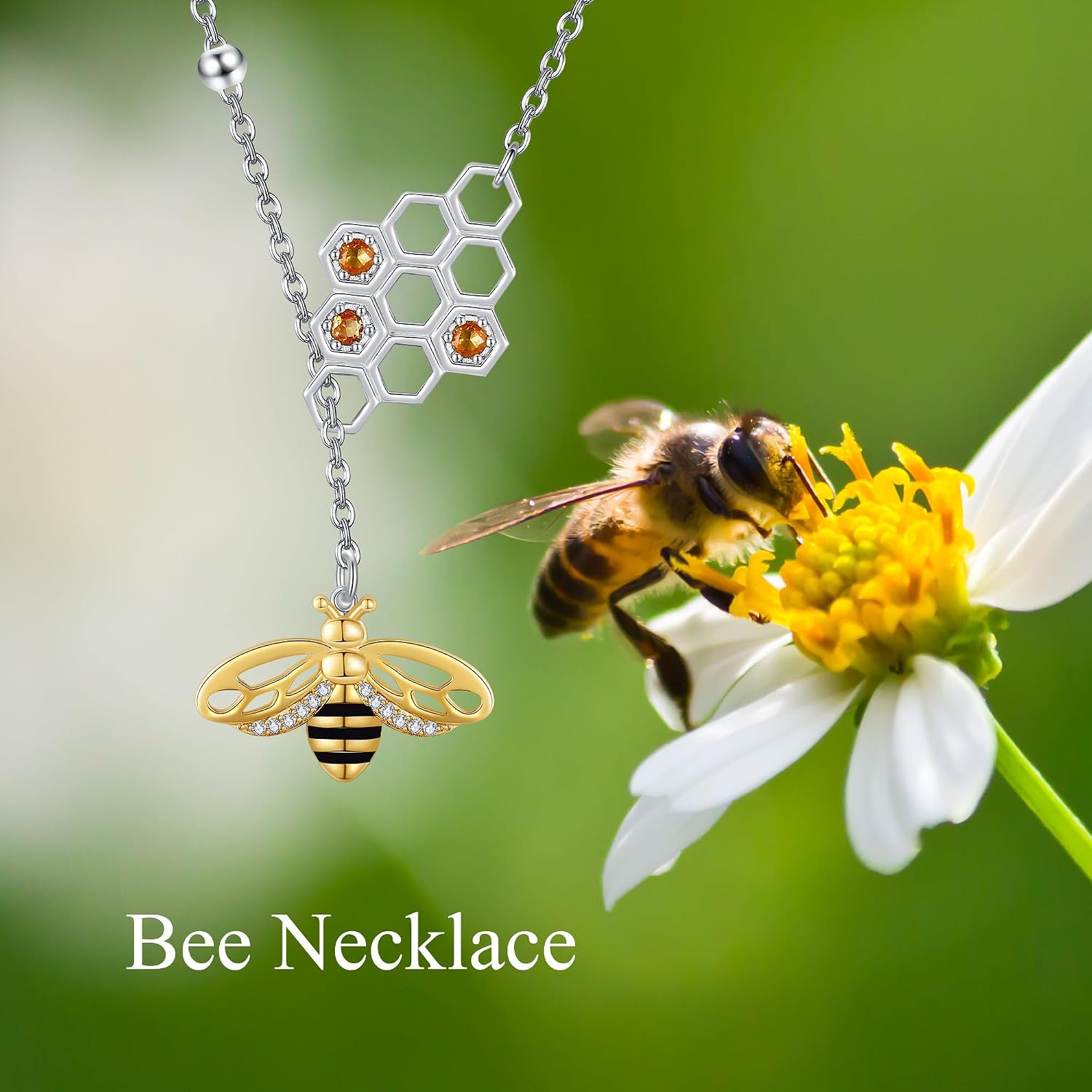 Bee Necklace 925 Sterling Silver Honeycomb Pendant Y Long Adjustable Necklace Bee Jewelry Gift for Women